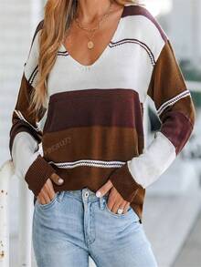 Pull surdimensionné à col en V, couleur contrastée, manches longues, décontracté