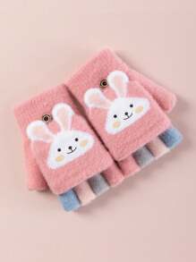 1 双儿童 4-11 岁冬季露指手套，卡通加厚保暖内衬半指翻盖手套，适合男孩和女孩