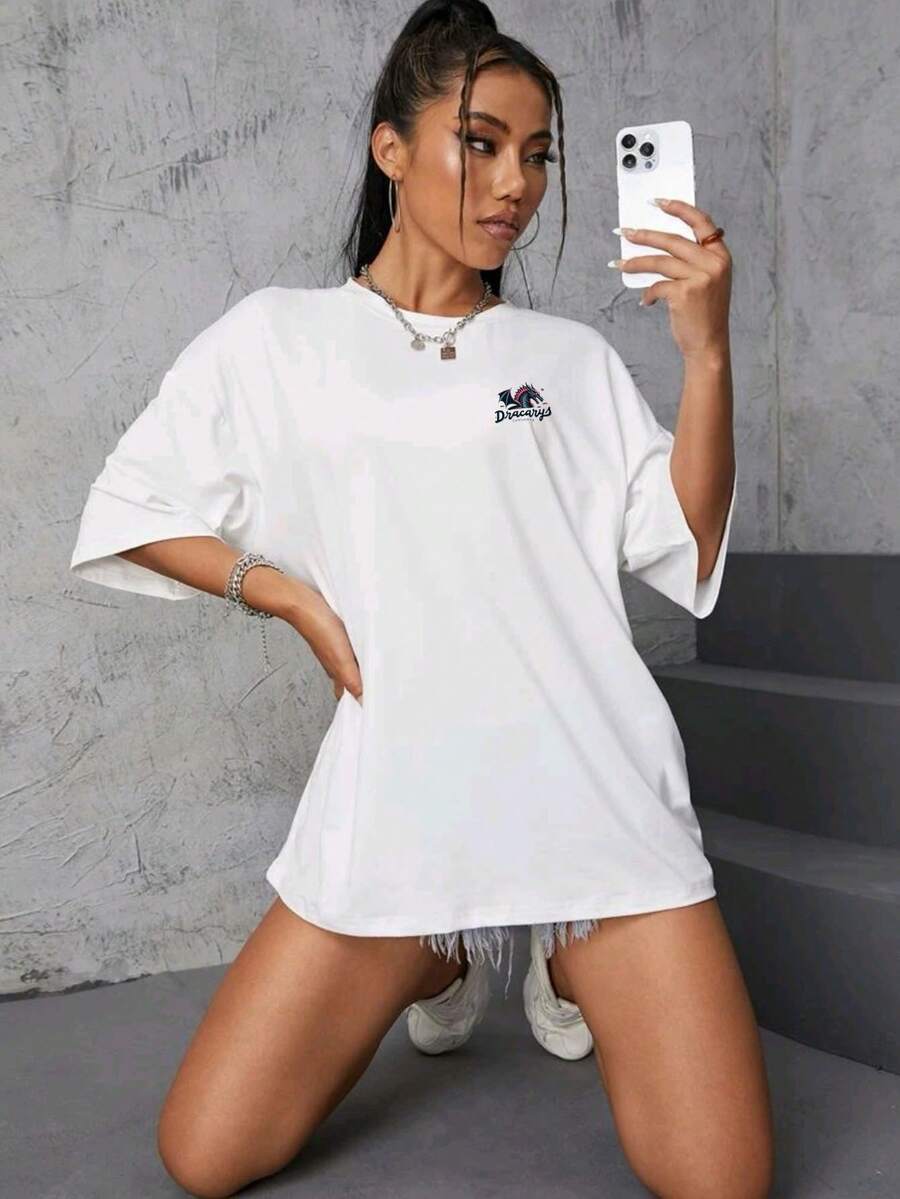 Oversized Women's Casual Off-Shoulder T-Shirt 100% Cotton With Dragon Print - trắng - Xem 1