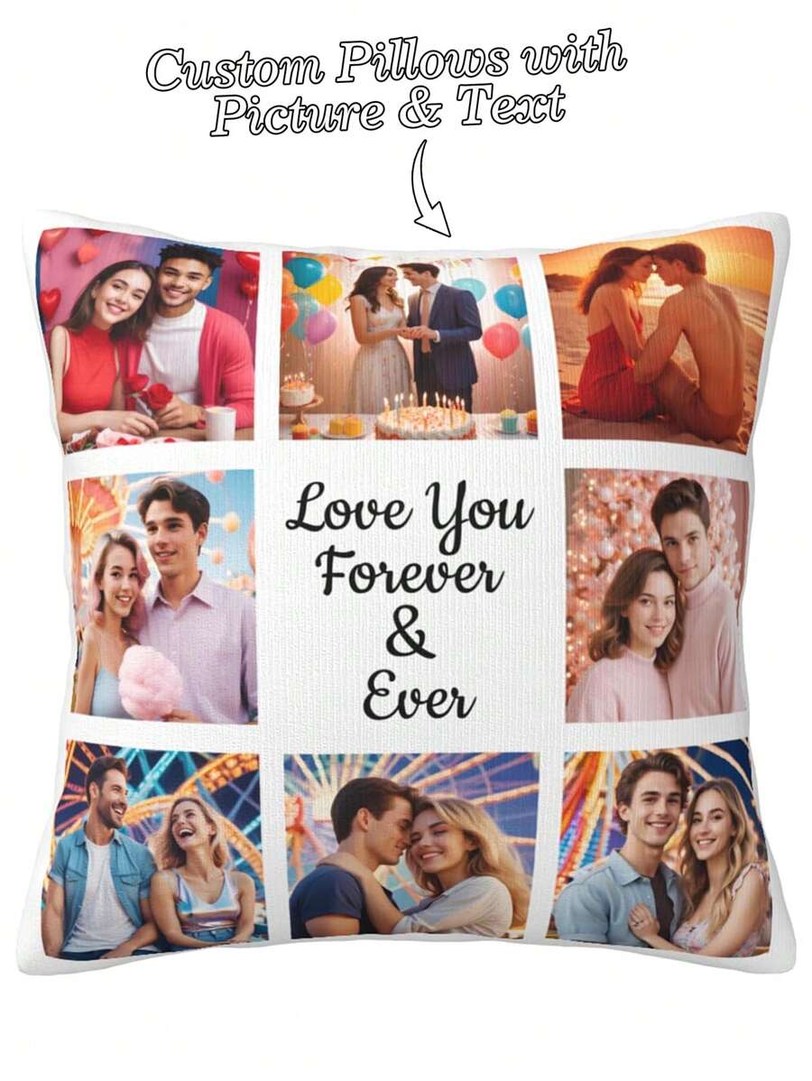 1pc Customized Super Soft Multiple Photo Love Text Couple Memorial Throw Pillow Case DIY Personalized Cushion Covers Gift For Boyfriend Girlfriend Graduation - Multicolor - View 1
