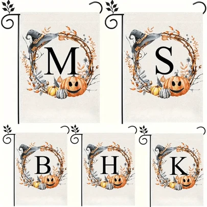 个性化首字母亚麻花园旗帜 - 双面、防风雨、粗麻布外观 - 无需电力的多功能户外装饰 - 可机洗，万圣节主题 - 1 件