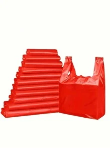 50/100/150/200pcs Red Reusable Foldable Plastic Shopping Bags, Durable & Multi-Purpose Tote Bags For Small Businesses & Grocery Stores