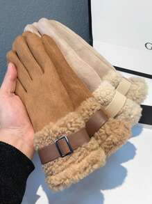 女士冬季手套，保暖内衬厚实保暖触摸屏防风防水绒面户外滑雪雪手套，带羊羔绒衬里 - 彩色 - 查看 3