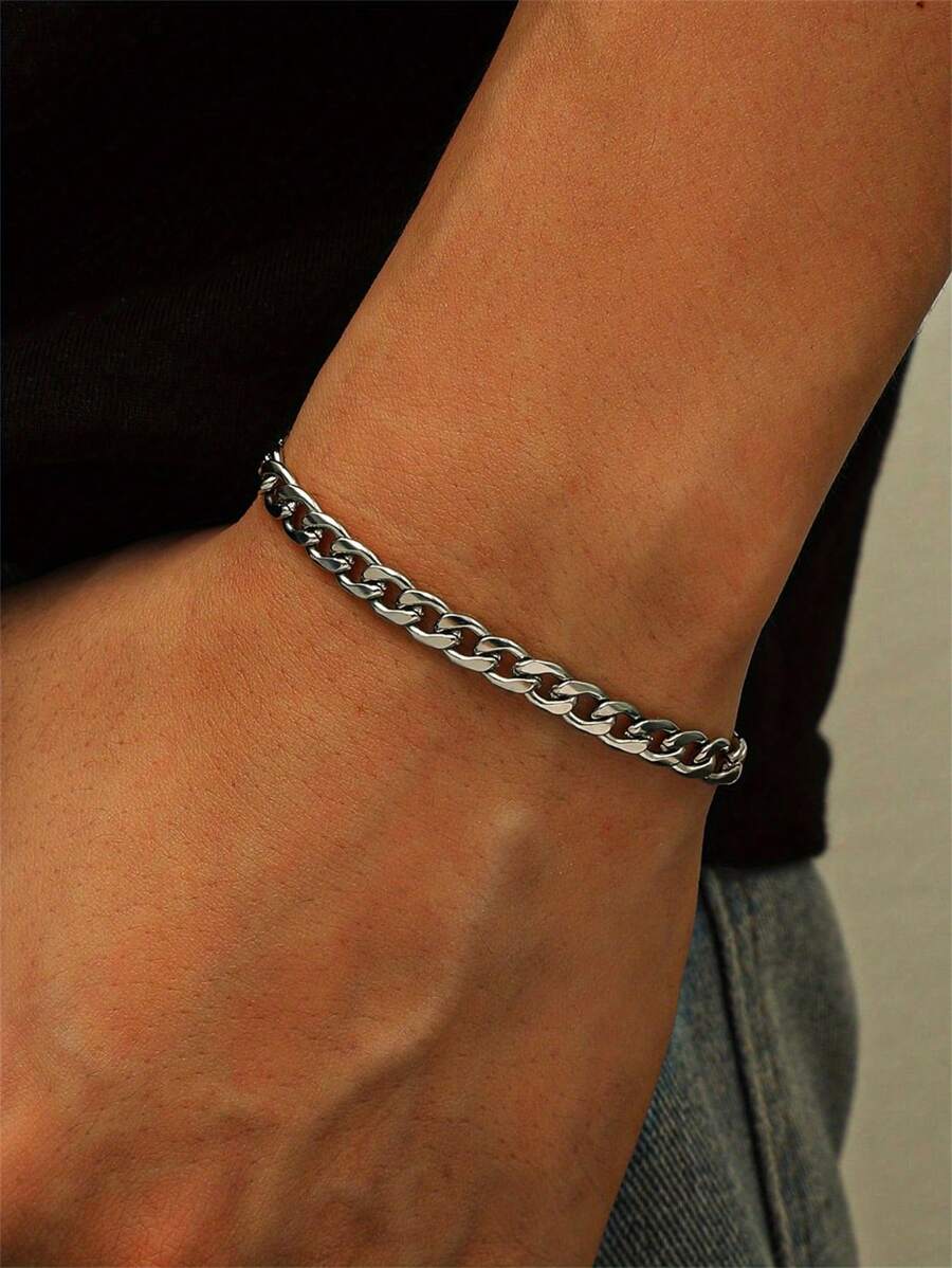 1pc Men's Minimalist Stainless Steel Chain Bracelet, Hip Hop Accessory - Silver - View 1