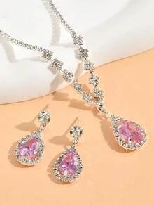 1 chiếc vòng cổ mặt hình giọt nước đính đá Rhinestone thanh lịch + 1 đôi bông tai hình giọt nước đính đá Rhinestone sang trọng, bộ trang sức thời trang 3 món cho phụ nữ dự tiệc/đám cưới - màu trắng bạc - Xem 5