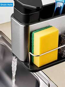 1 Pieza Organizador Multifuncional para Fregadero con Dispensador de Jabón – Estante de Acero Inoxidable Antideslizante con Soporte para Esponja y Cepillo, Incluye Bandeja de Drenaje – Ideal para Cocina - Plateado - Ver 7