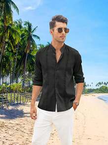Men's Social Long Sleeve Guayabera Casual Shirt - 黑色 - 查看 3
