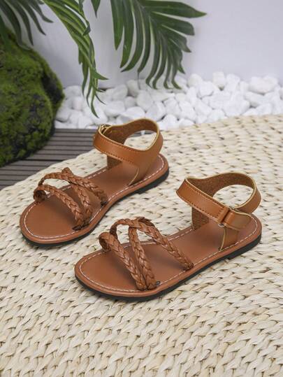 Girls Round Toe Low Top PU Sandals - Breathable Lightweight Hollow Out Sandals For Vacation Beach, Summer - Cute Preppy Classic Style For 14 And Under