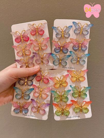 6/12/18/24pcs Girls Colorful Butterfly Side Clip Hair Clips