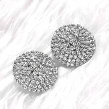 1pair Minimalist Rhinestone Round Design Earrings Suitable For Women Wedding Party And Daily Wear - Silver - View 4