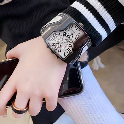 FENSIR Unique Big Dial Quartz Watch For Men, Retro Street Style Luminous Dual Time Display With Leather Band