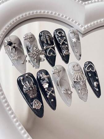 Halloween 10Pcs/Set Long Almond Shape Nail Stickers, Black & White Tie Dye, Gold Metallic Star, Crescent Moon, Studs, Butterfly, Chain Accent, Gothic Punk Style, Suitable For Cosplay, Party, Everyday Wear, Unisex Press On Nails Nail Supplies Nails