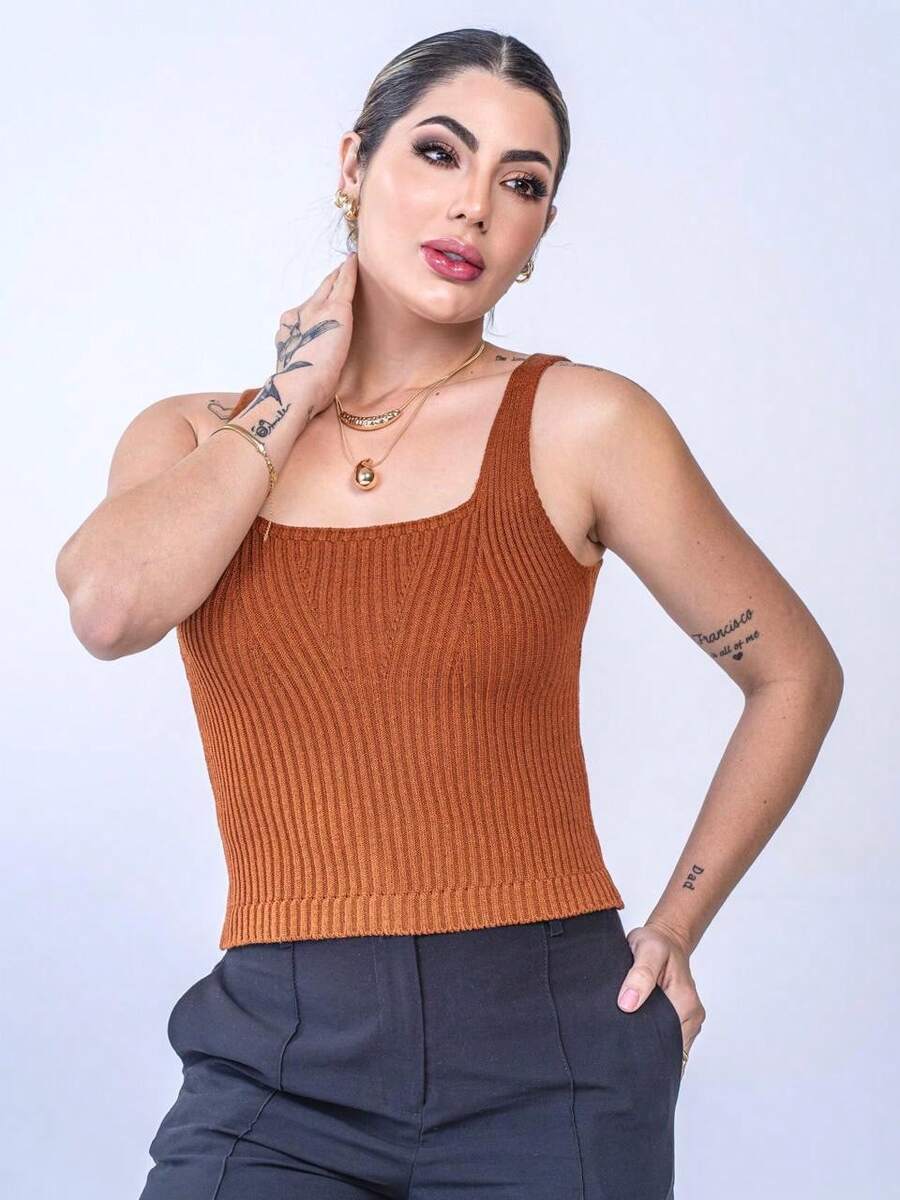 Women's Ribbed Modal Knitted Cropped Top, Premium Basic Tank Top, Simple Strap - Đồng - Xem 1