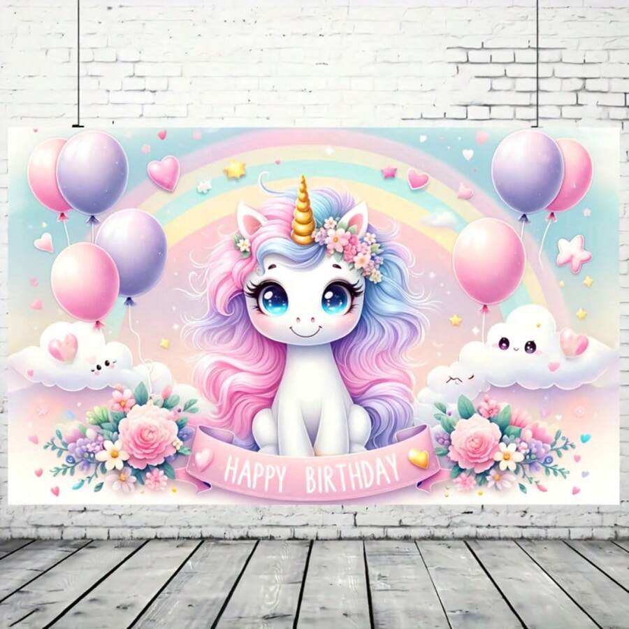 1 pièce, Toile de fond rose de joyeux anniversaire licorne, en polyester, sans alimentation électrique, parfait pour les célébrations en plein air et la décoration magique, Noël - Multicolore - Voir 1