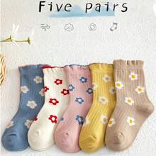 5/10 双幼儿可爱花朵中筒袜，柔软、透气、舒适的儿童袜子，适合所有季节的女孩 - 彩色 - 查看 1