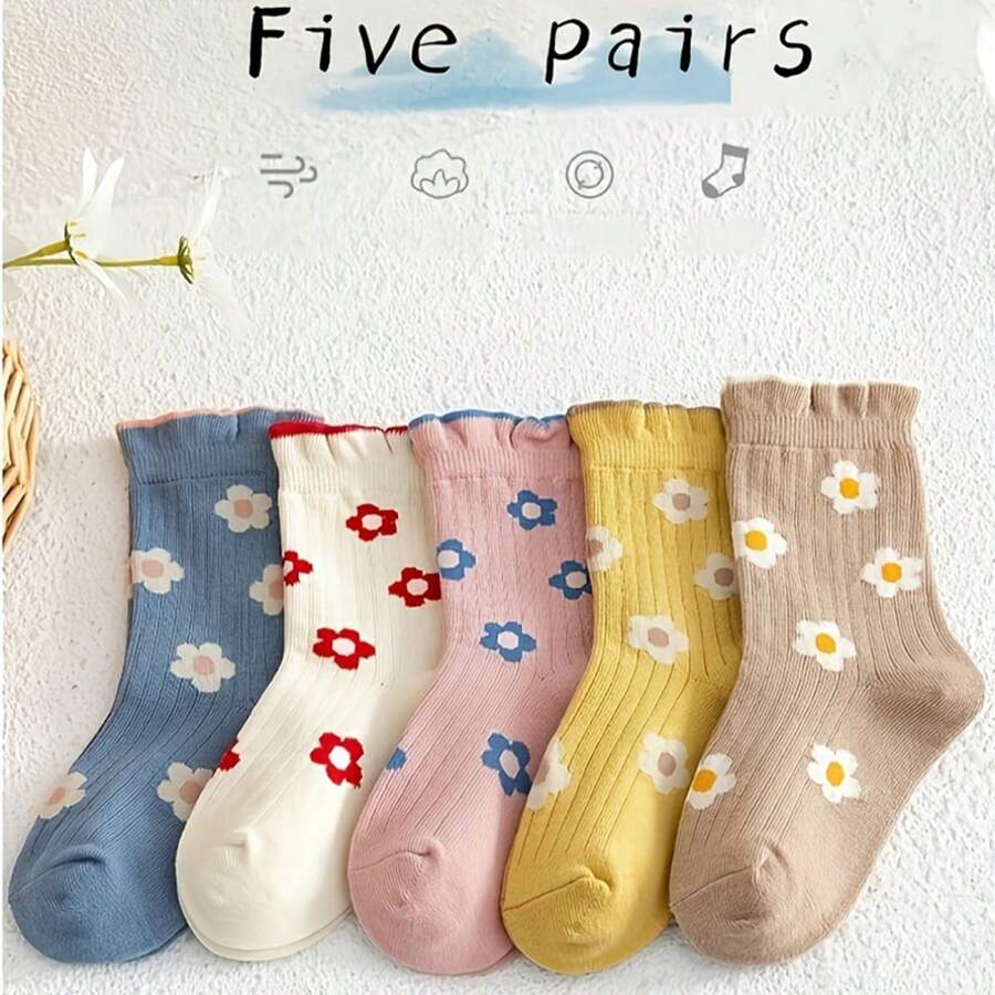 5/10 双幼儿可爱花朵中筒袜，柔软、透气、舒适的儿童袜子，适合所有季节的女孩 - 彩色 - 查看 1