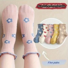 5/10 双幼儿可爱花朵中筒袜，柔软、透气、舒适的儿童袜子，适合所有季节的女孩 - 彩色 - 查看 4