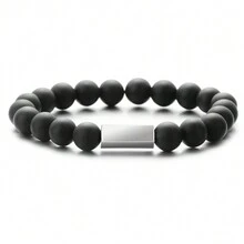 Tên/Ngày/Văn bản có thể tùy chỉnh Vòng đeo tay đàn hồi đính cườm với phụ kiện bằng thép không gỉ được khắc bằng laser, hạt tròn 8 mm với nhiều màu sắc dành cho nữ - màu đen - Xem 4