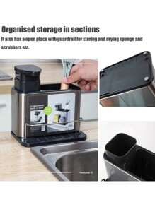 1 Pieza Organizador Multifuncional para Fregadero con Dispensador de Jabón – Estante de Acero Inoxidable Antideslizante con Soporte para Esponja y Cepillo, Incluye Bandeja de Drenaje – Ideal para Cocina - Plateado - Ver 9