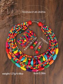 Exaggerated Multi-Layer Pendant Handmade Beaded Necklace, Earrings, Bracelet Set - European, African, Bohemian, Retro, Wooden Bead, Festival, Holiday Style - Multicolor - View 2