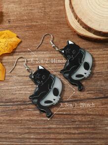 1對可愛暗黑風格骷髏貓耳環 - 黑色 - 查看 3