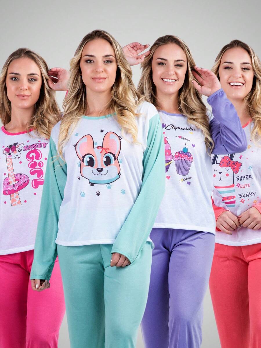 Kit 4 Long Comfort Pajamas Day To Day Night Line Colorful Long Sleeve Long Pants Women's Fashion - Nhiều màu - Xem 1