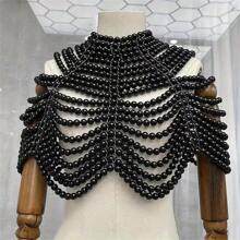 1 pieza Cadena de hombro personalizada de múltiples capas con borlas, elegante collar de chal con perlas hechas a mano, accesorio de joyería de cadena corporal para uso diario de mujer