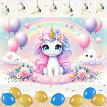 1 pièce, Toile de fond rose de joyeux anniversaire licorne, en polyester, sans alimentation électrique, parfait pour les célébrations en plein air et la décoration magique, Noël - Multicolore - Voir 4