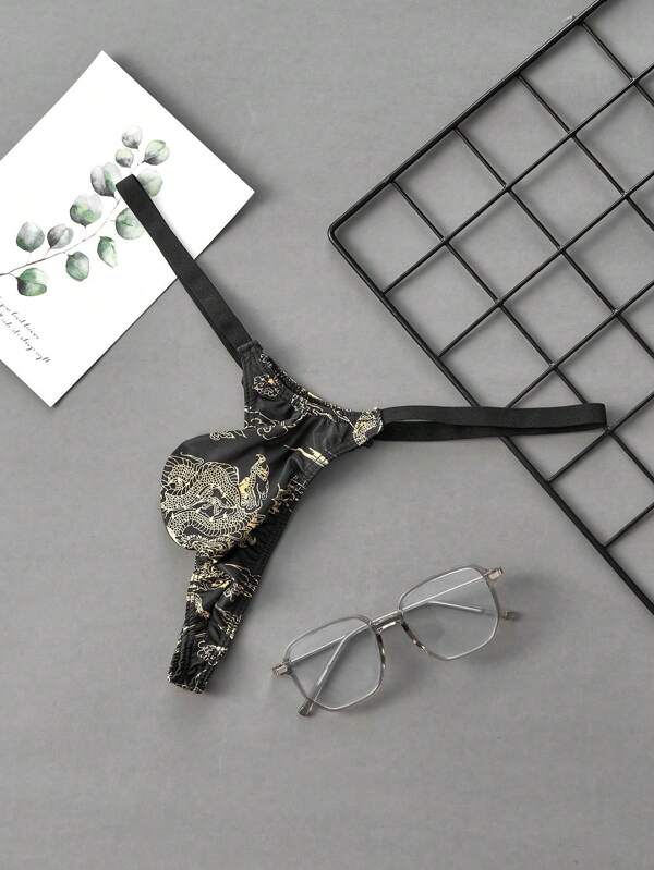 Men's New Fashion Chinese Dragon Print Low-Rise Thong Underwear