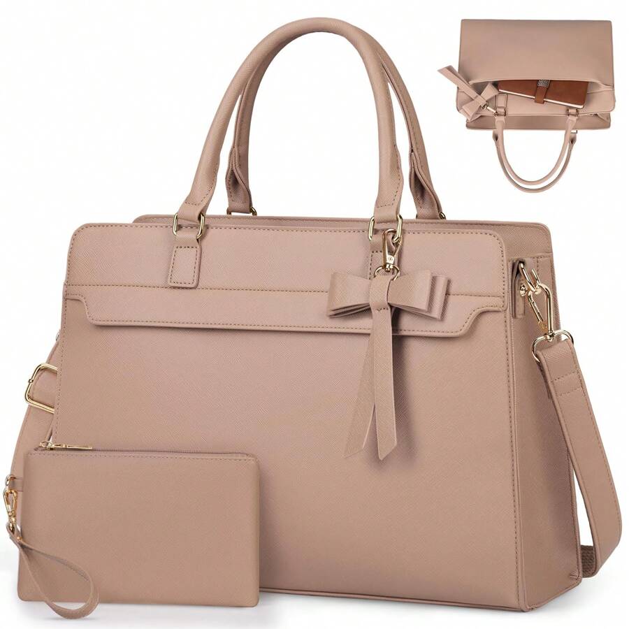 Laptop Bag For Women 15.6 Inch Leather Laptop Tote Bag Large Computer Bag Waterproof Business Office Work Bag Briefcase With Satchel Purse 2pcs Set - Màu Khaki - Xem 1