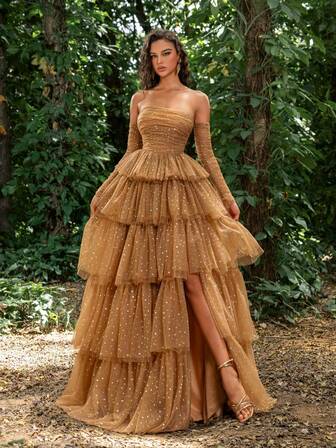  Faeriesty Luxe Back Lace Up Layered Hem Sequin Tulle Prom Dress