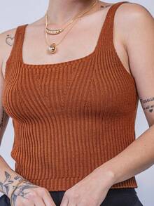 Women's Ribbed Modal Knitted Cropped Top, Premium Basic Tank Top, Simple Strap - Đồng - Xem 2