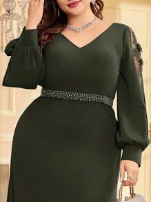 XUIBOL Abito da sera elegante per donna con scollo a V, applicazioni, manica lunga, taglia curvy, adatto per laurea, cena, evento mondano, matrimonio - Verde Oliva - Visualizzare 3