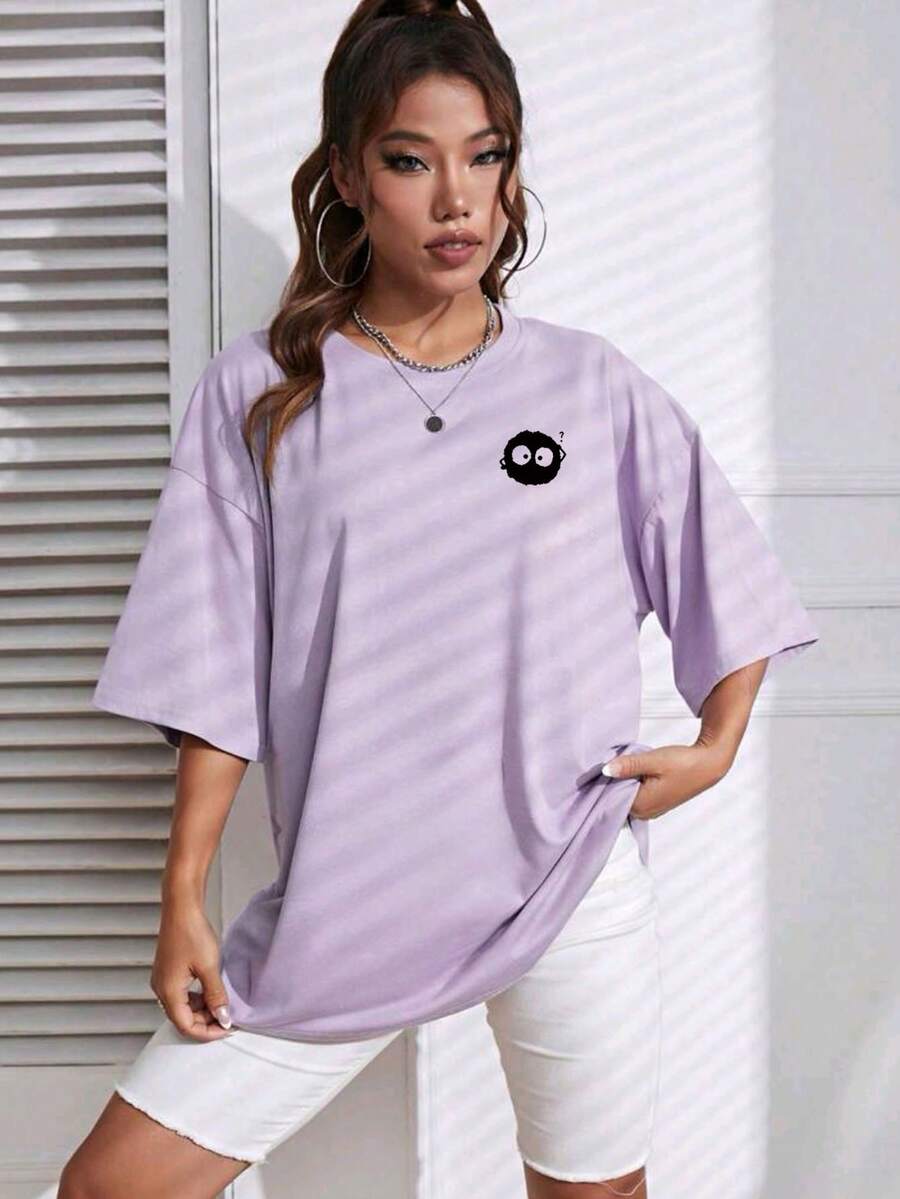 Oversized Women's Casual Off-Shoulder T-Shirt 100% Cotton With Lively Charcoal Print - Màu tím hoa cà - Xem 1