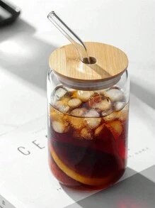 1pc 400ml/550ml Clear Straw Bottle, Modern Glass Coffee Cup For Home, Office