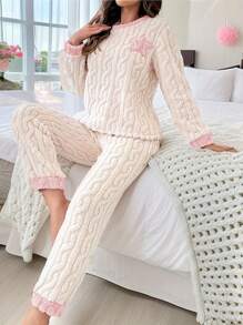 2 pezzi Pigiama in pile invernale da donna, completo casual da casa con motivo a stelle carino - Multicolore - Visualizzare 5
