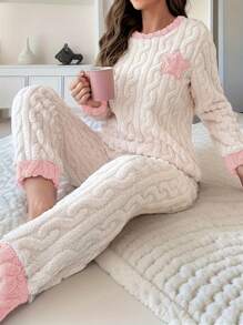2 pezzi Pigiama in pile invernale da donna, completo casual da casa con motivo a stelle carino - Multicolore - Visualizzare 1