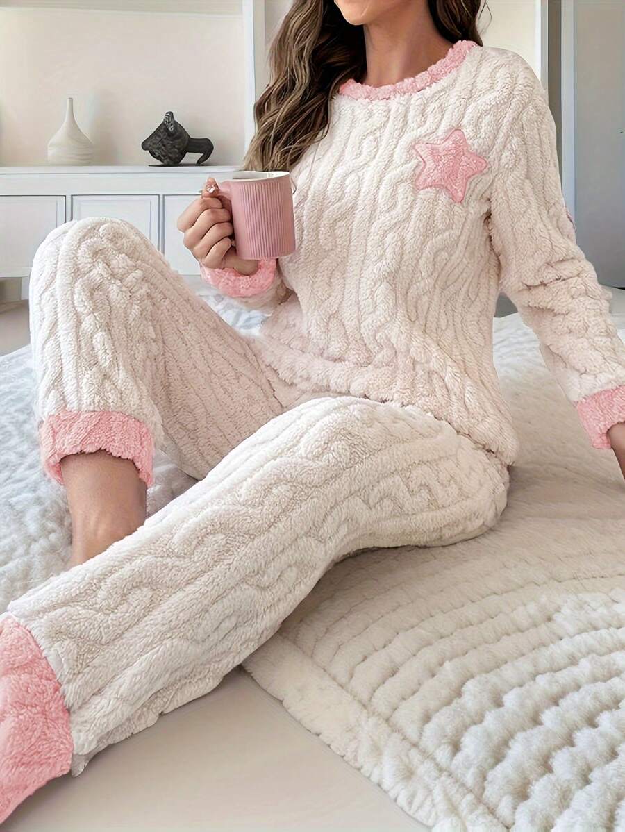 2 pezzi Pigiama in pile invernale da donna, completo casual da casa con motivo a stelle carino - Multicolore - Visualizzare 1