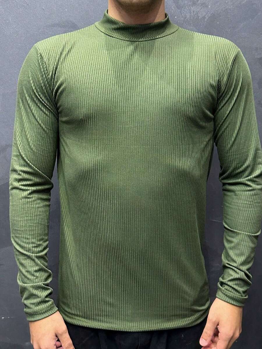 Cacharrel Men's Ribbed Shirt High Neck Shirt Second Skin Cold Blouse Long Sleeve Premium Cacharreu Blouse - xanh quân đội - Xem 1