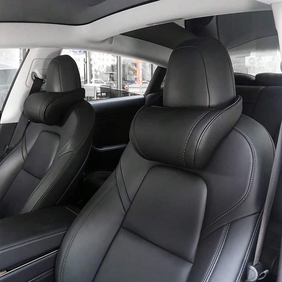 1pc Black Minimalist Adjustable Elastic Band Synthetic Leather Tesla Memory Foam Headrest, Fits All Tesla Models - Black - View 1