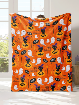 1pc Happy Halloween Boo Throw Blankets, Cartoon Pumpkin Spooky Black Cats Ghosts Soft Fleece Blanket Decorative For Home Sofa Couch Chair Living Bedroom