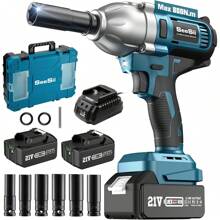 Seesii Cordless Electric Impact Wrench 1/2 Inch For Car Home, 580Ft-Lbs(800N.M) Brushless, 3300RPM High Torque Gun W/ 2x 4.0Ah Battery,Charger & 6 Sockets Tools