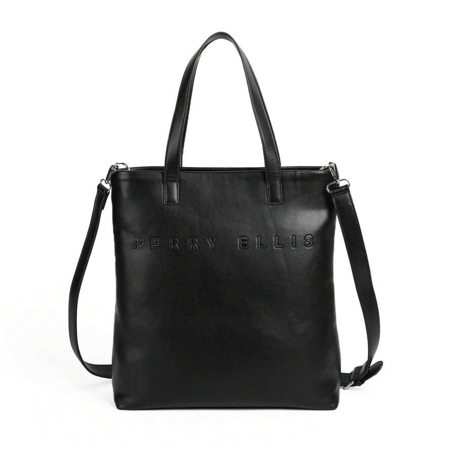 Perry Ellis Women's Black Tote Bag Made Of Synthetic Leather With Smooth And Soft Texture With Large Engraved Brand Logo, Ideal For Daily Activities Business, Work, School - 黑色 - 查看 1