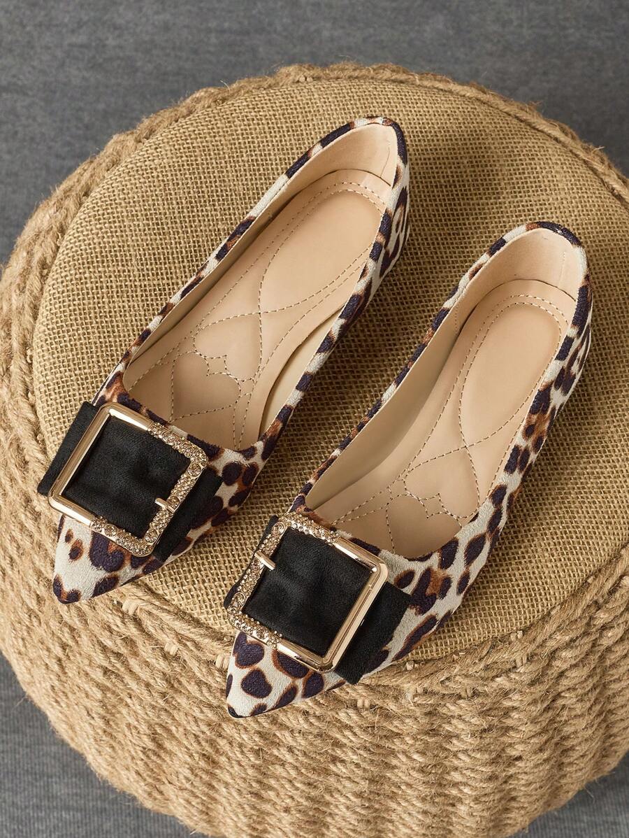 WHDXY 1 Pair Women's Stylish Leopard Print Flats, Pointed Toe, Rhinestone Embellishment, Comfortable Soft Sole Elegant Casual Shoes, Versatile For Skinny Jeans - 杏色 - 查看 1