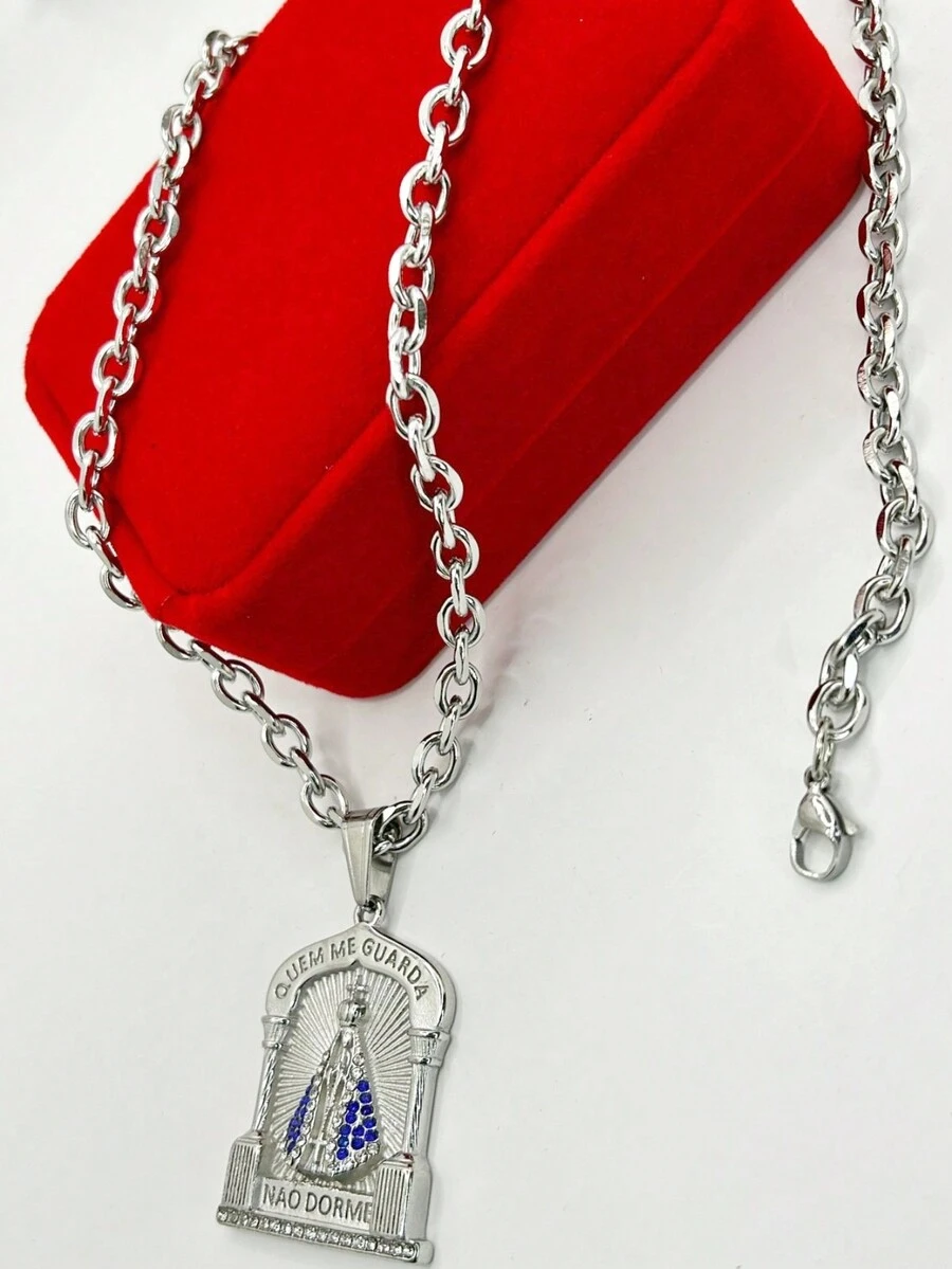 Our Lady Of Aparecida Men's Necklace In Stainless Steel With O-Rope - 銀色 - 查看 1
