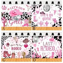 粉色牛仔主题生日横幅背景面料这是我的第一次牛仔竞技炫彩球马蹄香槟生日比赛派对摄影装饰道具乙烯基，圣诞节 - 彩色 - 查看 1