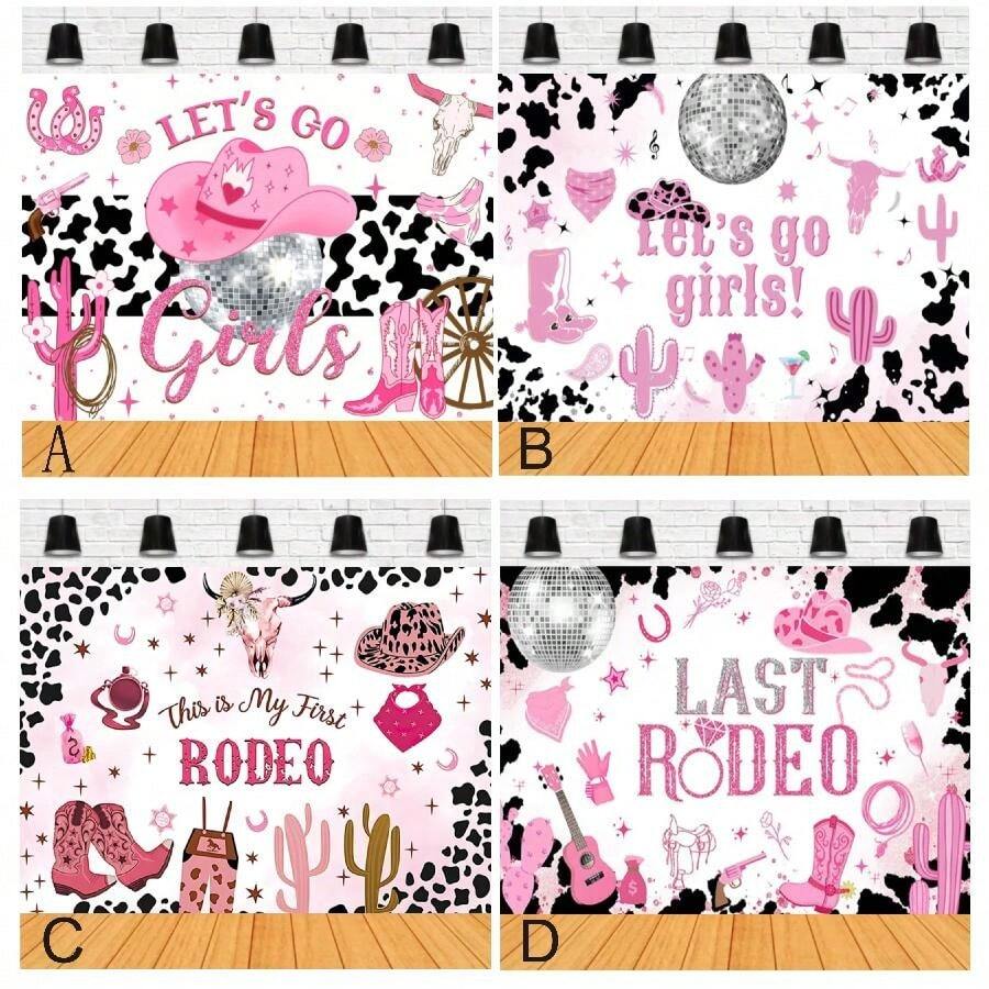 粉色牛仔主题生日横幅背景面料这是我的第一次牛仔竞技炫彩球马蹄香槟生日比赛派对摄影装饰道具乙烯基，圣诞节 - 彩色 - 查看 1