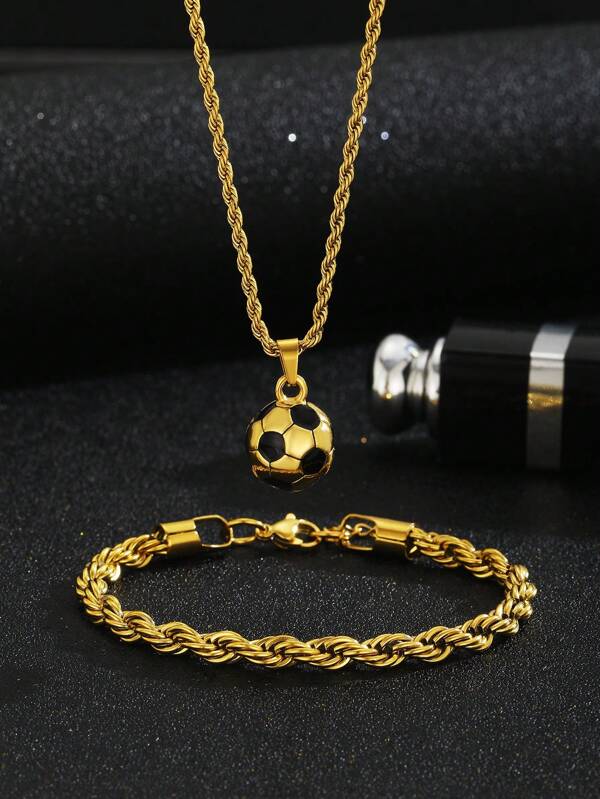 2 Stücke/Set Jungen Punk Sport Stil Fußball Charm Gedrehte Seilkette Halskette & Armband für Kinder Straßen Schmuck Kleidung Accessoire für den täglichen Gebrauch
