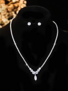 Set de joyas de 3 piezas con collar y aretes decorados con circonita cúbica, elegante, adecuado para bodas, fiestas, festivales de música y regalos festivos para mujeres - Estilo básico versátil - Ver 3