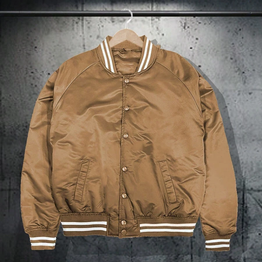 Men Solid Varsity Bomber Jacket Waterproof Fall Winter Summer Lightweight All Season Striped Trim Slant Pockets Baseball Jacket Snap Button - Taupe - View 1